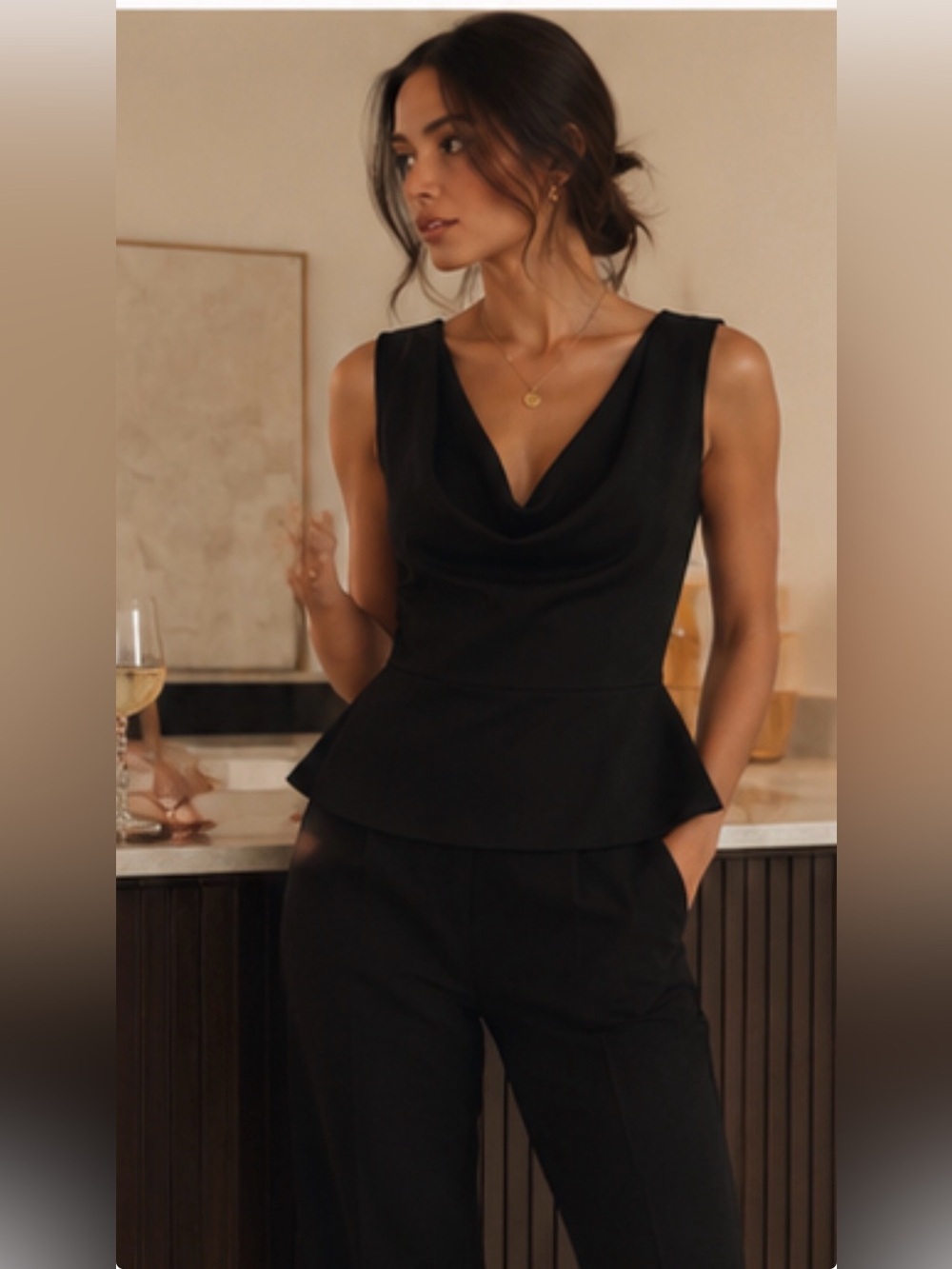 Lewit NWT Black Lace-Up Back Designer Cowl Neck Peplum Top M